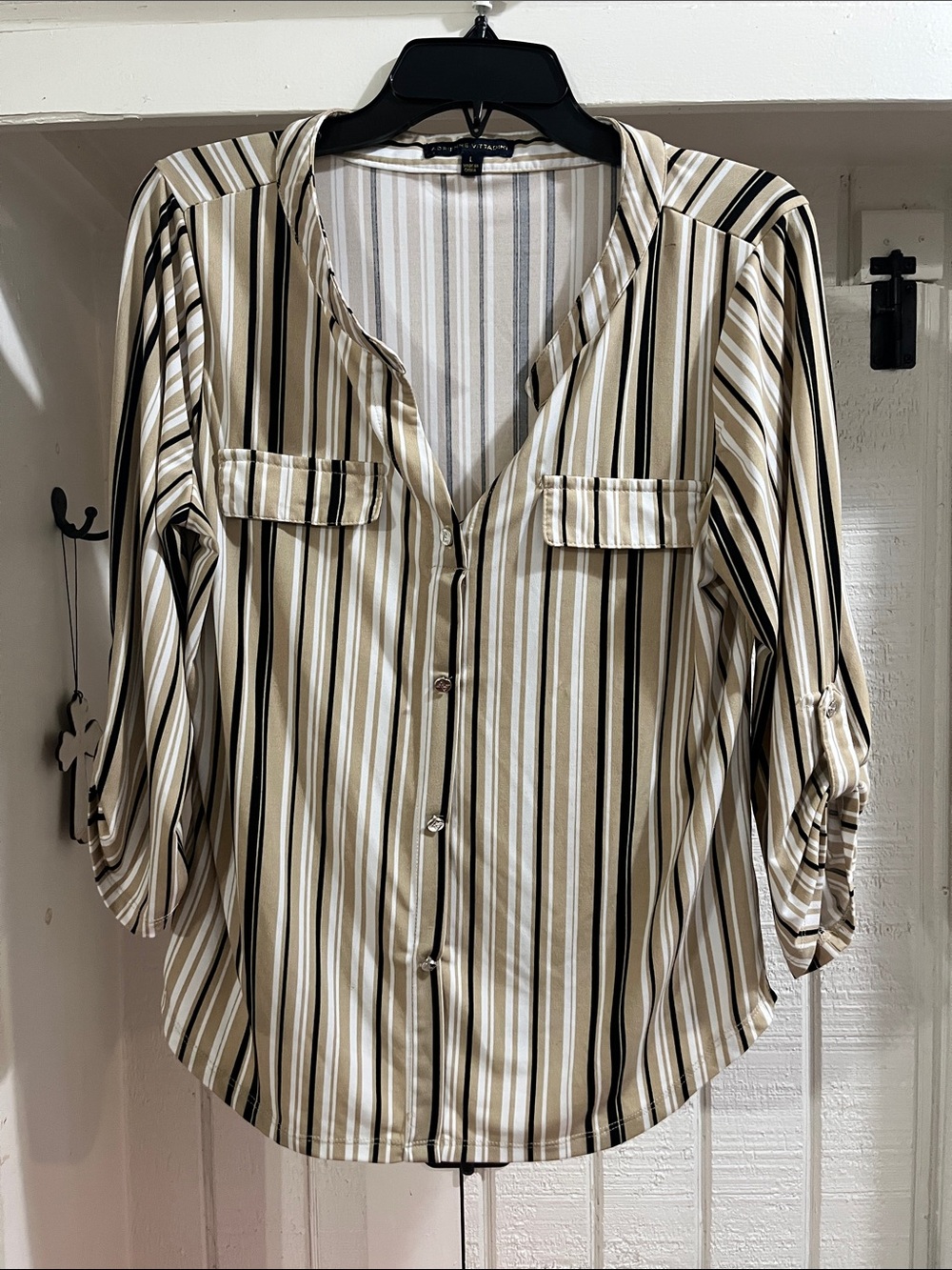 Adrienne Vittadini Striped Button-Front Blouse in Beige, Black & White SzL